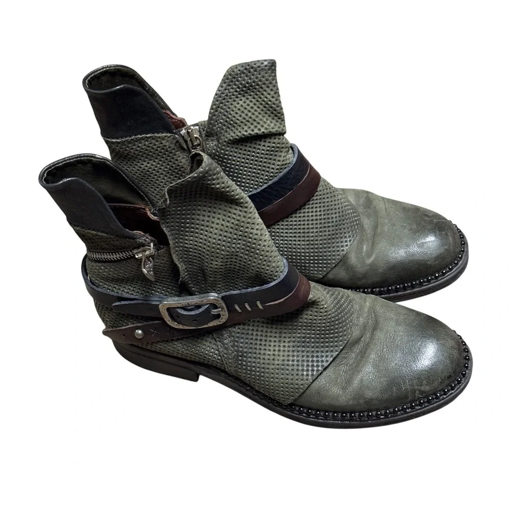 A.S.98 Airstep leather biker ankle boots Green Perforated Buckle Strap Womens